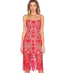BCBG Max Azria Alece Lace Dress Red Bodycon Midi Cutout Overlay Size 2